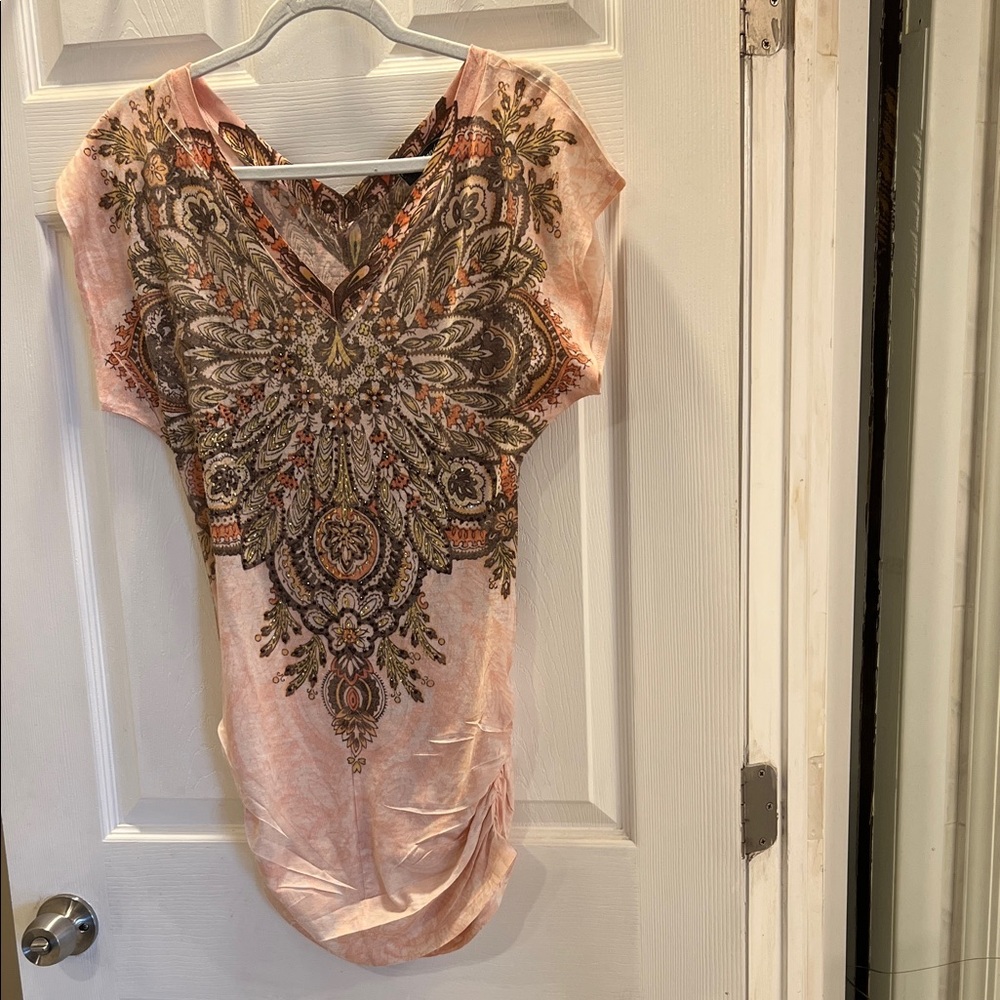 Orange and Brown Paisley Floral Rhinestone Blouse